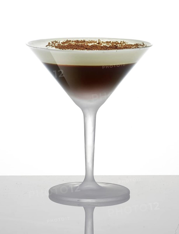 Brandy Alexander cocktail against a white background, studio shot