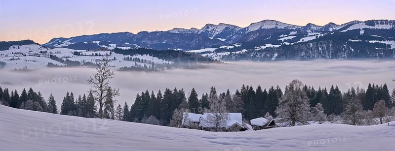 Moodx sunrise over the mountains of the Nagelfluh mountain chain in the Allgaeu Alps with Hochgrat summit, Oberstaufen, Bavaria, Germany