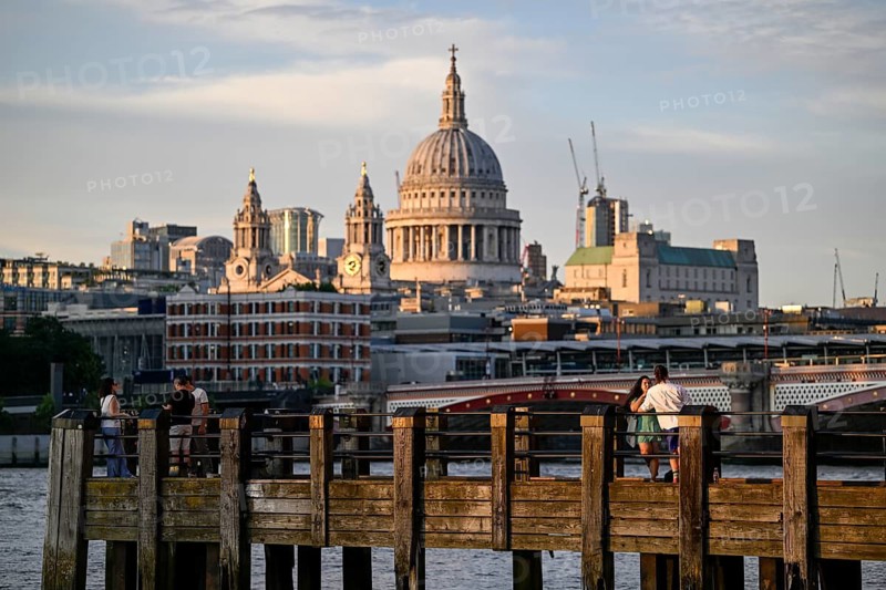 Thames pier overlooking St Paul's Cathedral and Blackfriars Bridge, South Bank, London, England, Great Britain, Great Britain