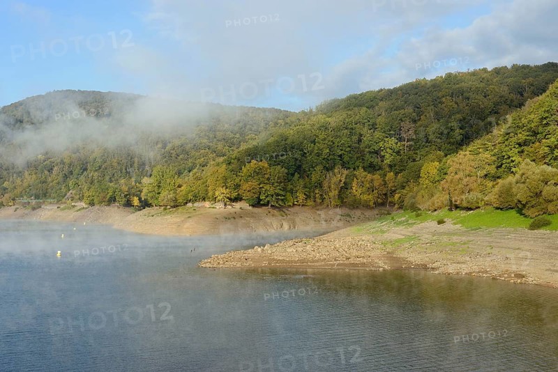 Edersee, view over the lake, rising fog, autumn, blue sky, Eder dam, Hesse, Germany
