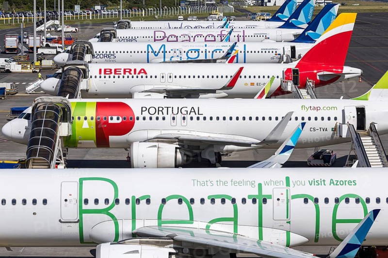Airbus aircraft from SATA Air Azores, TAP Air Portugal and Iberia at Ponta Delgada Airport, Portugal