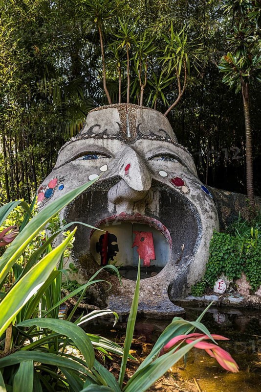 Botanical garden with sculptures in spring, artist Rudolf Hirt, Heller Garden, Andre Heller, Gardone Riviera, Lake Garda, Brescia province, Lombardy region, Italy