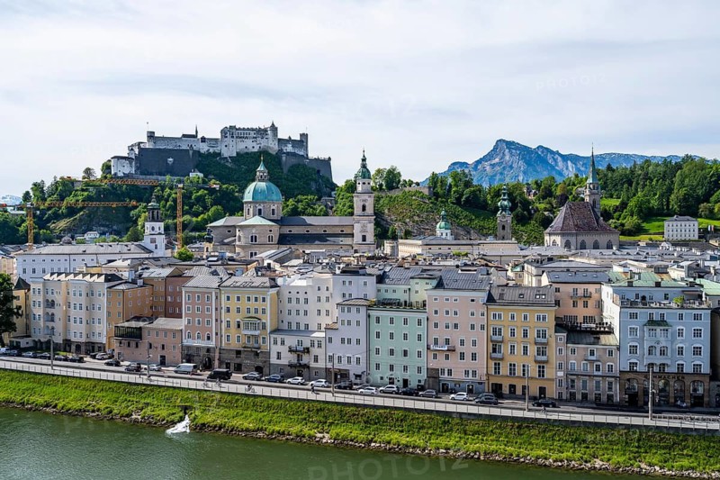 City view with churches, Hohensalzburg Fortress and Salzach river, view of the city of Salzburg from Kapuzinerberg, Old Town, Salzburg, Austria