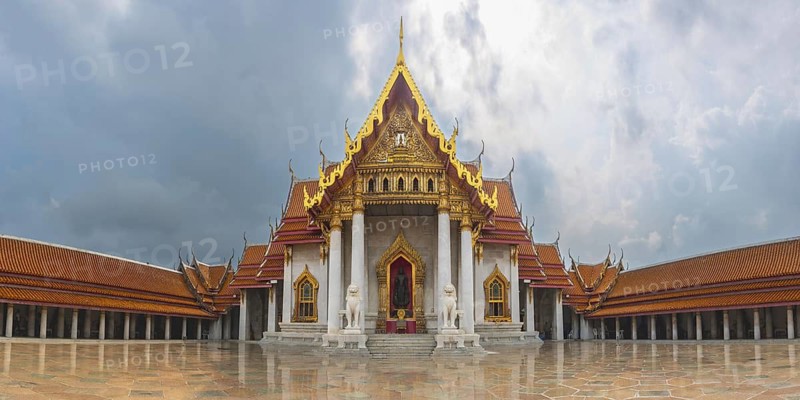 Abandoning thunderstorm over the marble temple, made of Carrara marble, Wat Benchamabopit, back of the Ubosot, Buddhist temple in the Dusit district, Bangkok, Central Thailand, Thailand
