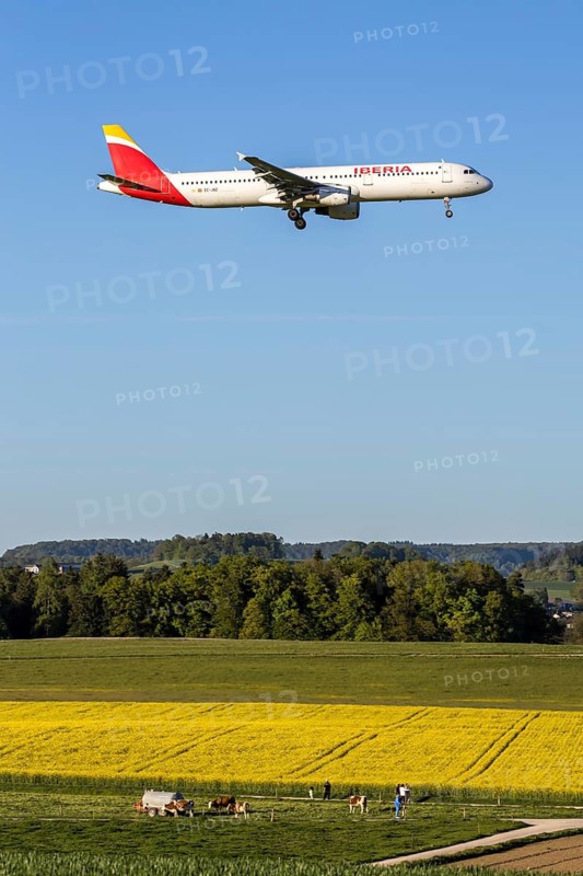 An Iberia Airbus A321 aircraft with the license plate EC-JQZ at Zurich Airport, Switzerland
