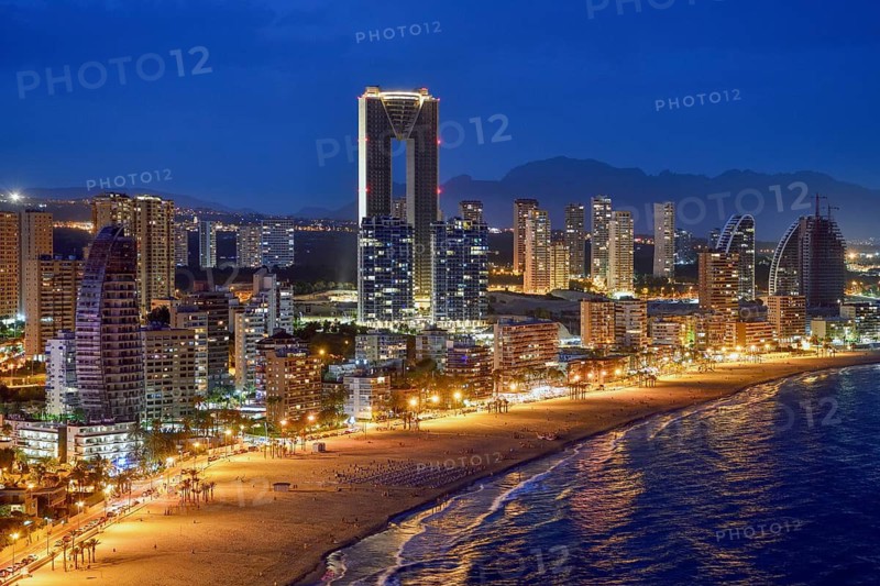Skyline of Benidorm with the high-rise Intempo, with 192 metres the highest residential building in Europe, blue hour, Playa Poniente, Benidorm, Costa Blanca, Valencia County, Spain
