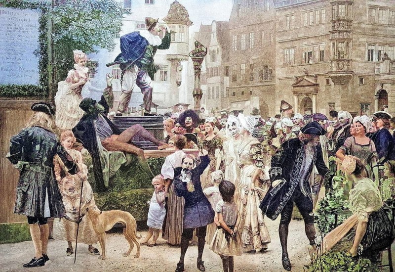 Hanswurst and Pantalon of a theatre group, coloured wood engraving, reproduction of a model from ca 1888, historical, carnival atmosphere with masked people and festive hustle and bustle in a Renaissance scene