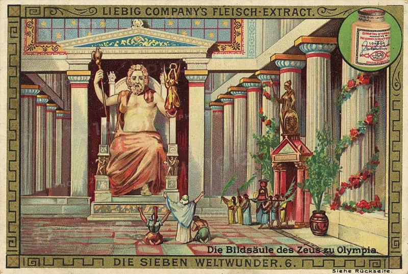 Picture series The Seven Wonders of the World, The Column of Zeus at Olympia, Liebig picture, digitally restored reproduction of a collector's picture from around 1900, public domain, exact date unknown, depiction of the statue of Zeus in an ancient Greek temple with columns and antique style