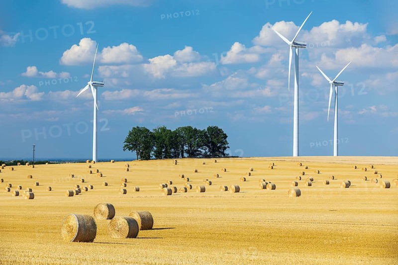 Straw bales on a harvested grain field, stubble field, wind turbines in the background, Nossen, Saxony, Germany