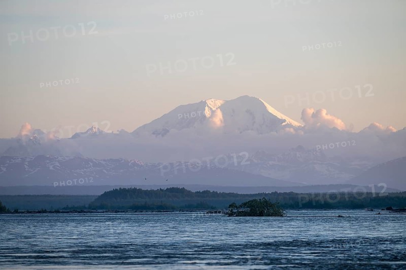 Morning atmosphere, Mt Foraker, Talkeetna River off the Alaska Range, Denali National Park, Alaska, USA