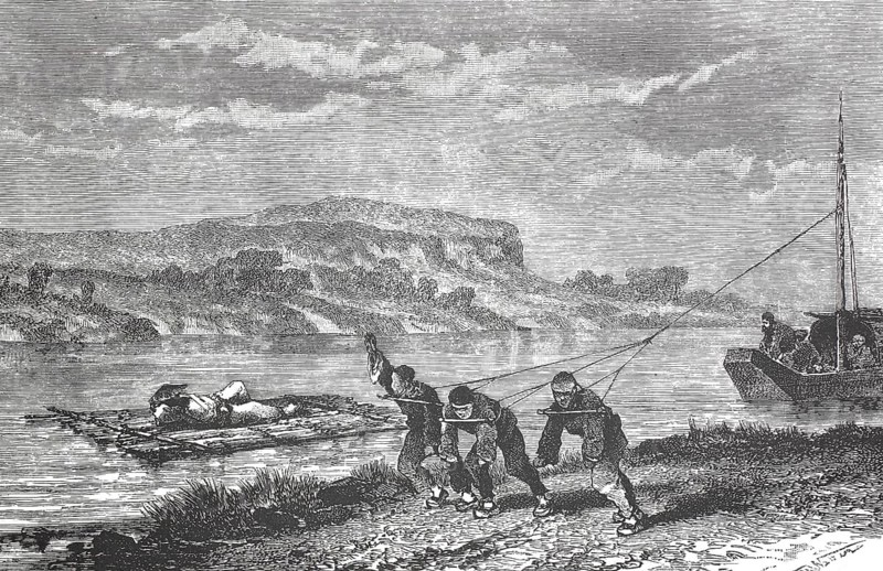 Towing the ship on the Hankiang, an important left tributary of the Yangtze River in central China, about 1, 500 kilometres long, 1875, from the Sosnowski Voyage through China, The Sosnowski Expedition (1874-1875) was an important Russian research and trade mission to China. Its aim was to open up new land routes for trade, and to examine the economic prospects, Illustration, Reproduction from a 19th century original. Authentic, file restored for optimal use, exact date of original unknown, Historical