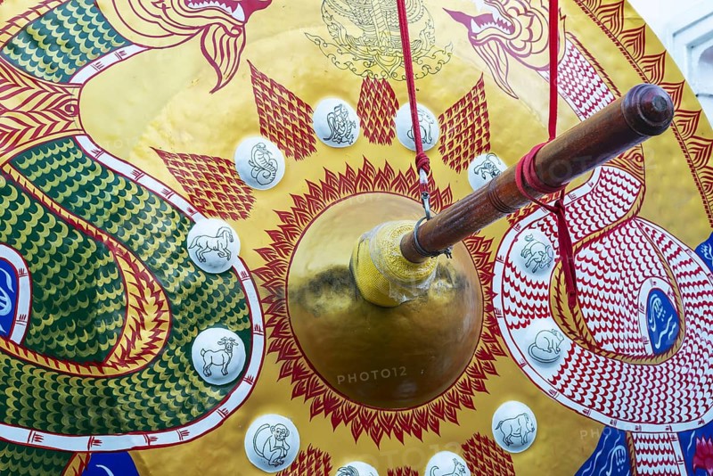 Temple gong (also known as victory gong or luck gong), on the ascent to Wat Saket (Golden Mount) in the Pom Prap Sattru Phai district, Bangkok, Thailand