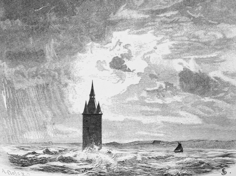 West tower of Wangerooge during storm, East Frisia, North Sea, Lower Saxony, landfall, storm, high swell, rain, surf, Germany, historical illustration 1880