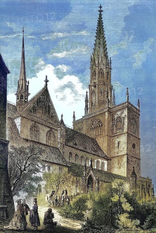 The Cathedral, Constan, Historic, digitally restored reproduction of an original 19th century painting, exact original date not knownZer Münster or Minster of Our Lady, of Constance in 1869, Germany