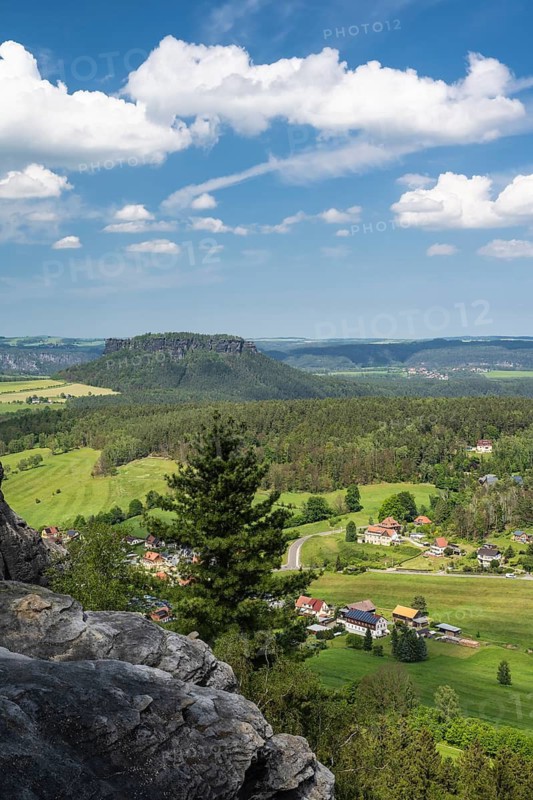 View over Pfaffendorf to Lilienstein, Saxon Switzerland, Saxony, Germany, May 2024