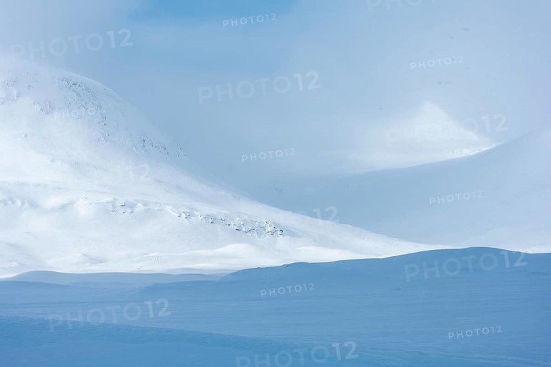 Winter landscape at Kungsleden during snowfall, Kebnekaisefjäll, Norrbotten, Lapland, Sweden, March 2020