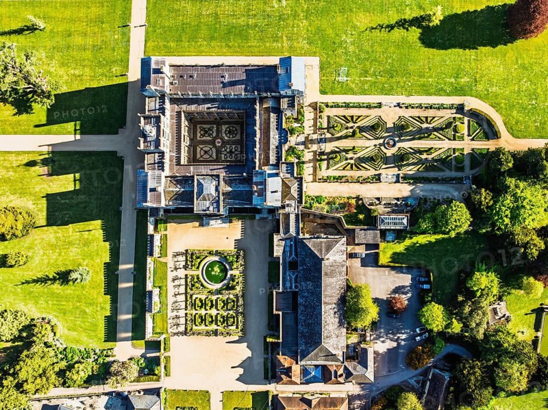 Top Down view over Wilton House from a drone, Wilton, River Nadder, Salisbury, Wiltshire, England, United Kingdom