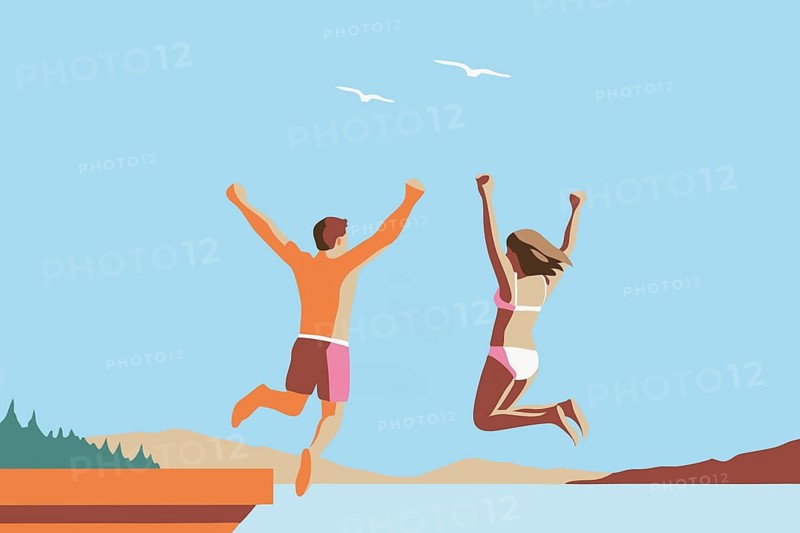 A man of Hispanic descent and a woman of African descent leap joyfully into a lake from a dock, celebrating a sunny summer day surrounded by beautiful nature and mountains