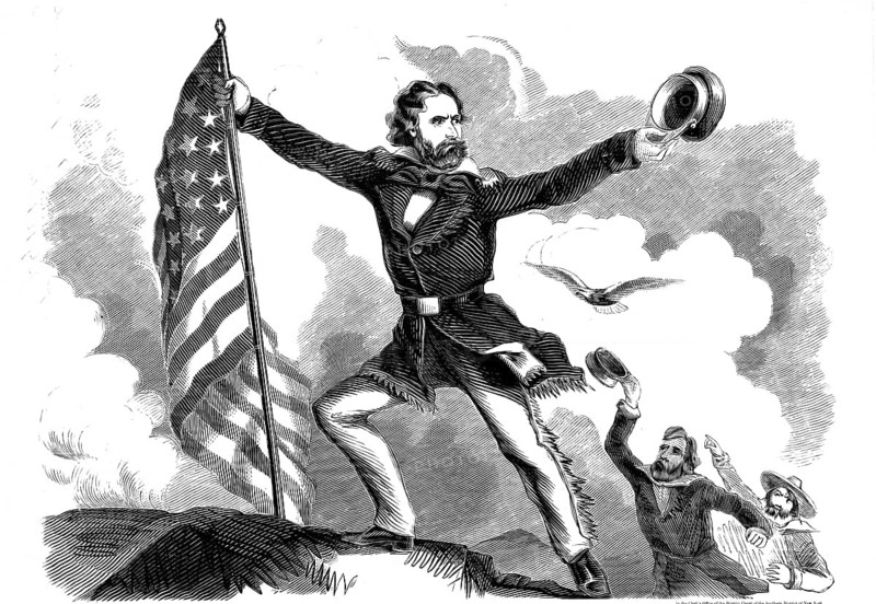 The poster shows the American officer and explorer John C. Frémont flying the American flag in the Rocky Mountains in 1842, authentic, digitally restored reproduction in high resolution from a 19th century original, exact date of depiction unknown, American history, historical