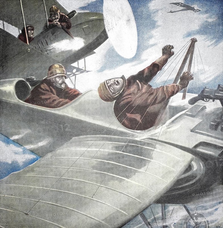 World War 1, an aerial combat over Warsaw (original pictorial text from 1915, original colouring), illustration, reproduction from a 19th century original. Authentic, file restored for optimal use, exact date of original unknown, Historical, Two soldiers in an aeroplane at lofty heights, dramatic scene