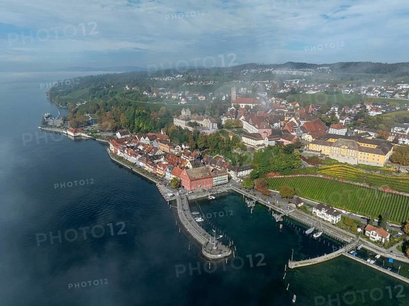Aerial view of Meersburg and the harbour promenade in autumn fog, Lake Constance, Lake Constance district, Baden-Württemberg, Germany