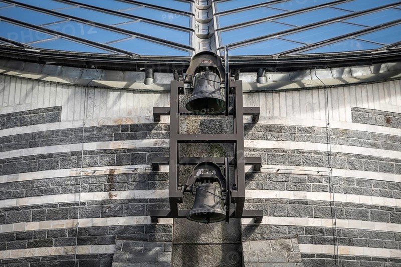 Bells of the village church destroyed by avalanche in 1986, new San Giovanni Battista church in the same location, architect Mario Botta, Mogno, Maggia Valley, Valle Maggia, municipality of Lavizzara, Canton of Tessin, Switzerland