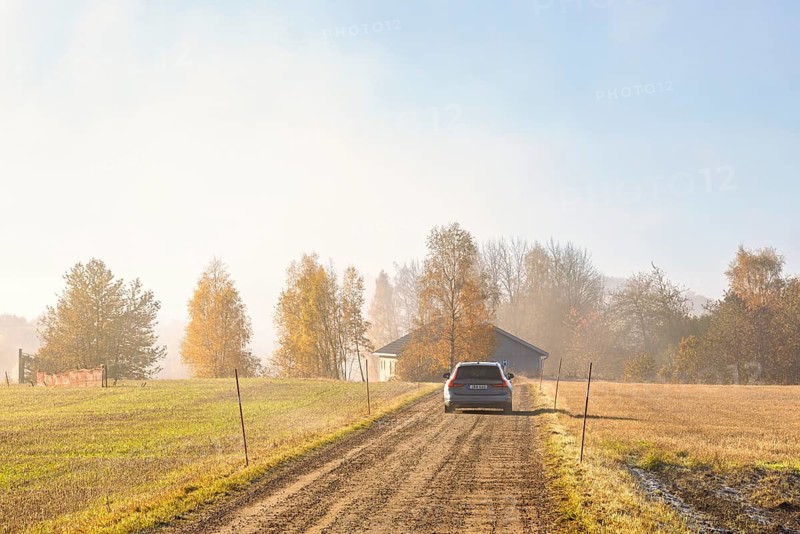 Serene rural scene with a car driving along a gravel road toward a house by fields with trees in autumn colors in light fog at the countryside, Sweden