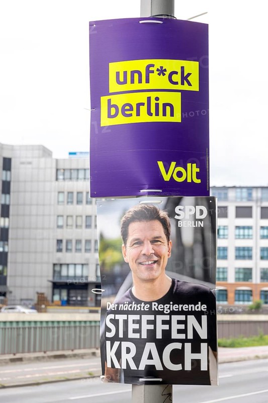 Poster: VOLT ‘unf*ck Berlin' and Steffen Krach (SPD) – Candidate for the office of Governing Mayor of Berlin – Election posters of the parties for the 20th election to the Berlin House of Representatives and the district councils, Berlin city area, Berlin, 7 August 2026