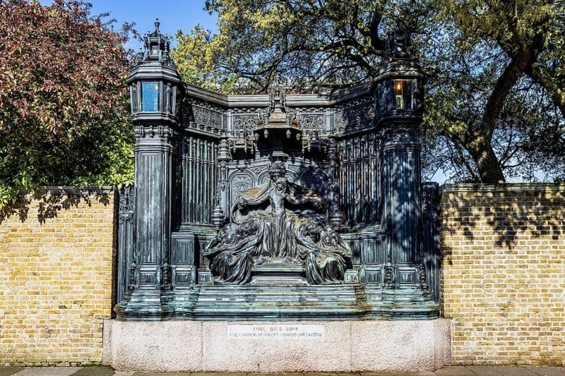 Sir Alfred Gilbert's Art Nouveau bronze memorial to Queen Alexandra is set into the Marlborough House garden wall, London, England, United Kingdom