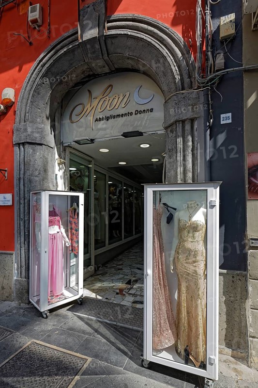 Elegant women's fashion shop, Via Chiaia shopping street, Naples, Campania, Italy