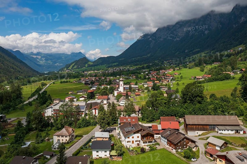 Drone image, view of the village with parish church, Braz, Klostertal, Vorarlberg, Austria