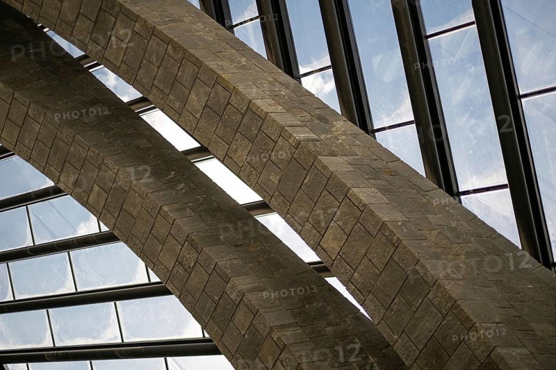 Struts, roof area, interior, Roman Catholic church of San Giovanni Battista, built in the same place as the village church destroyed by avalanche in 1986, architect Mario Botta, Mogno, Maggia Valley, Valle Maggia, municipality of Lavizzara, Canton of Tessin, Switzerland