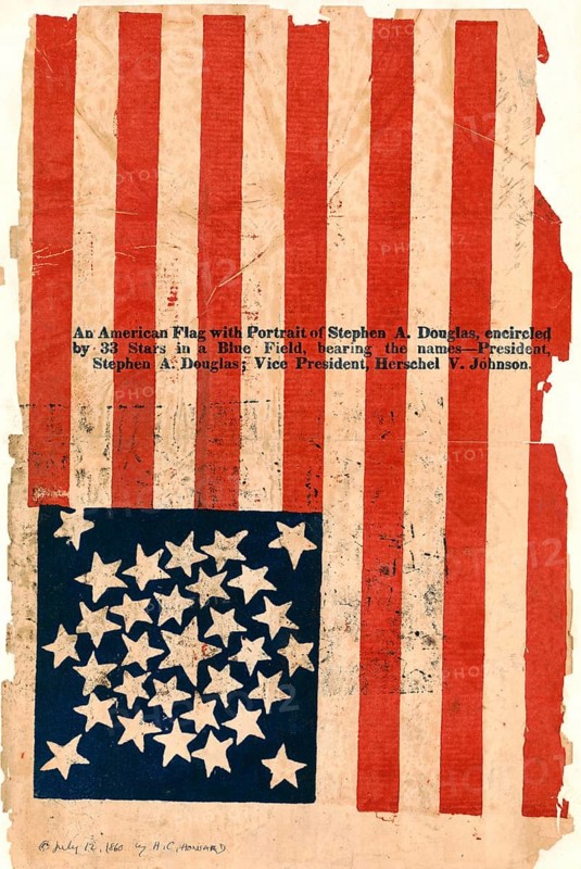 US campaign banner from 1860 depicts an American flag with 33 stars as well as the names of presidential candidate Stephen A. Douglas and vice presidential candidate Herschel V. Johnson. Historical context: The poster dates from the presidential election campaign of 1860, shortly in front of the outbreak of the American Civil War, American history, authentic, digitally restored reproduction from a 19th-century original, exact date of presentation unknown, historical