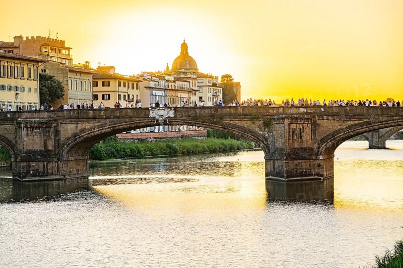 Promenade at arno river at sunset, Florence, UNESCO World Heritage Site, Tuscany, Italy