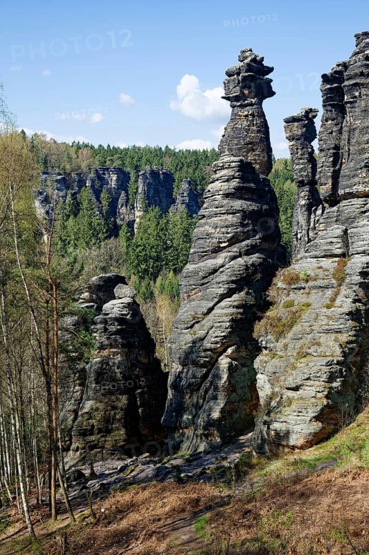 Rock formations, rock towers Hercules columns, natural wonders, climbing rocks, excursion destination, stone formation, rock landscape, ottomill, Biela Valley, Elbe Sandstone Mountains, Saxon Switzerland, Saxony, Germany