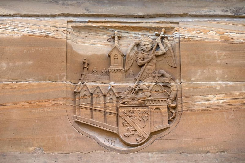 Coat of arms with the Archangel Michael and the Dragon at the Old Town Hall, Neunkirchen am Brand, Upper Franconia, Bavaria, Germany