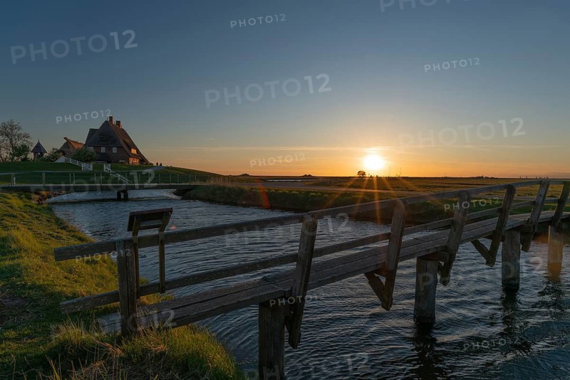Kirchwarft with pastor and church on Hallig Hooge in the Schleswig-Holstein Wadden Sea National Park, Halligen biosphere, evening mood, tidal creek, wooden bridge, backlight view, salt marshes, North Frisia, Schleswig-Holstein, Germany