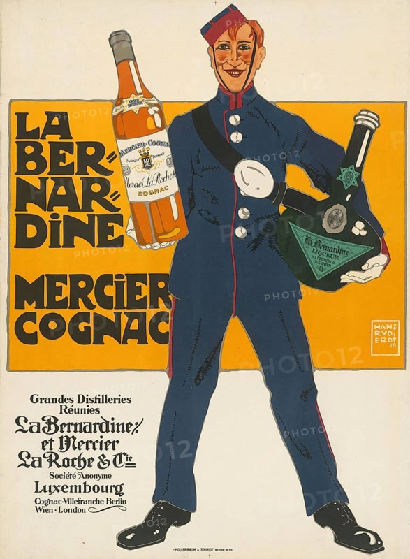Advertising poster, beverage advertisement, advertising poster for La Bernardine Mercier Cognac, designed in 1908 by Hans Rudi Erdt. The picture shows a male figure in uniform, presenting both a bottle of cognac and a bottle of liquor. The company Grandes Distilleries Réunies was based in Luxembourg, authentic reproduction of a historical advertising poster, advertising sign, in high resolution