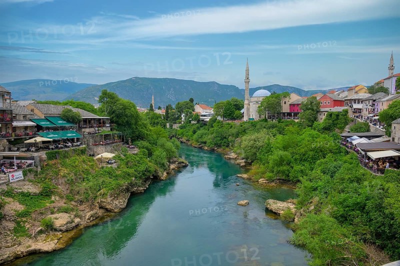 The view from the Mostar Bridge or Stari Most, Mostar, Bosnia and Herzevogina