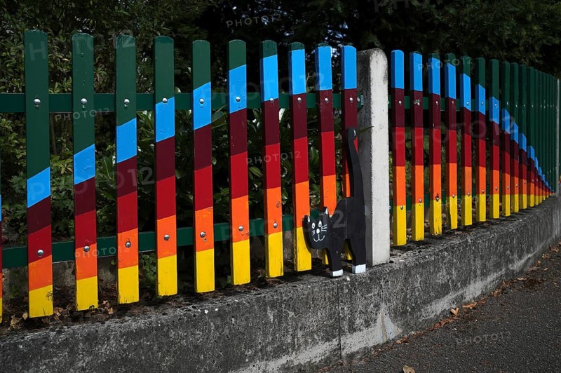 Colourfully painted garden fence with cat, Stuttgart, Baden-Württemberg, Germany