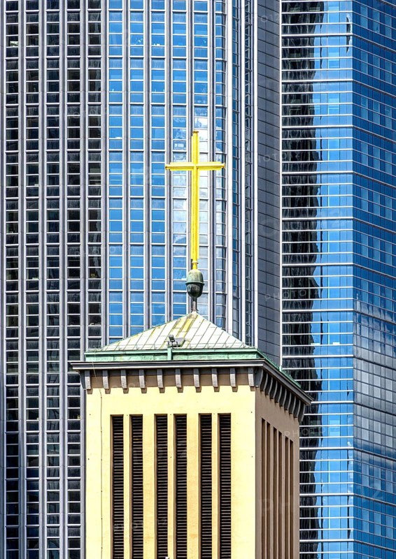 Church tower with the cross of the Protestant St. Matthew Church in front of the glass façade of an office building, Friedrich-Ebert-Anlage, Frankfurt am Main, Hesse, Germany