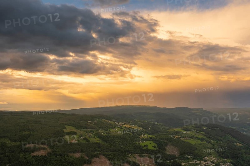 View over a café terrace in the mountains of Gol at sunset, Hallingdal, Buskerud, Norway