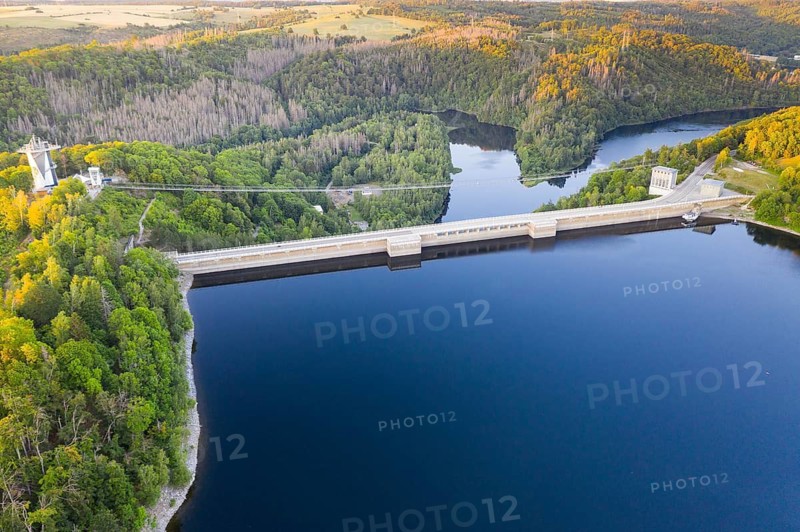 Aerial view of the Rappbode dam, dam wall and suspension bridge by Harzdrenalin, Oberharz am Brocken, Harz, Saxony-Anhalt, Germany
