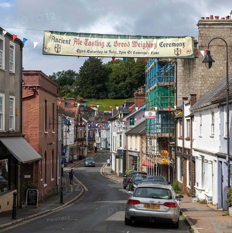 Ancient Ale Tasting and Bread Weighing Ceremony event banner crossing East Street, town of Ashburton, Devon, England, UK