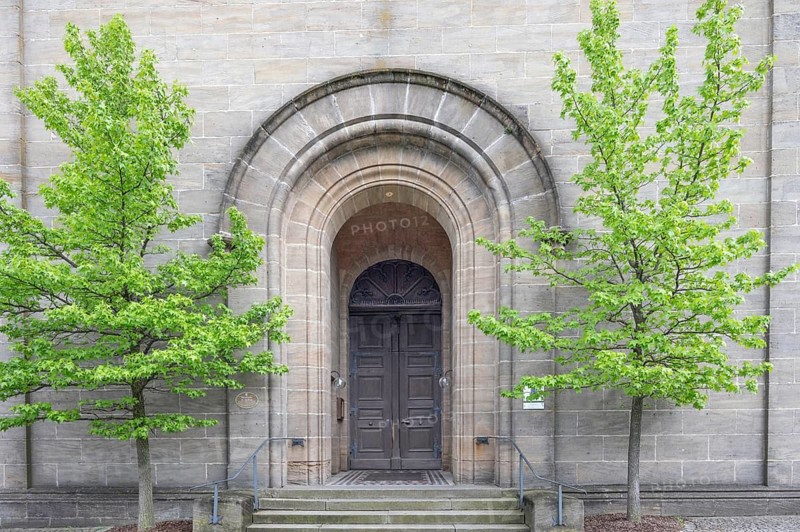 Entrance portal of the parish church of St Andreas, built between 1846 and 1853 in neo-Romanesque style, Wassermungenau, Middle Franconia, Bavaria, Germany