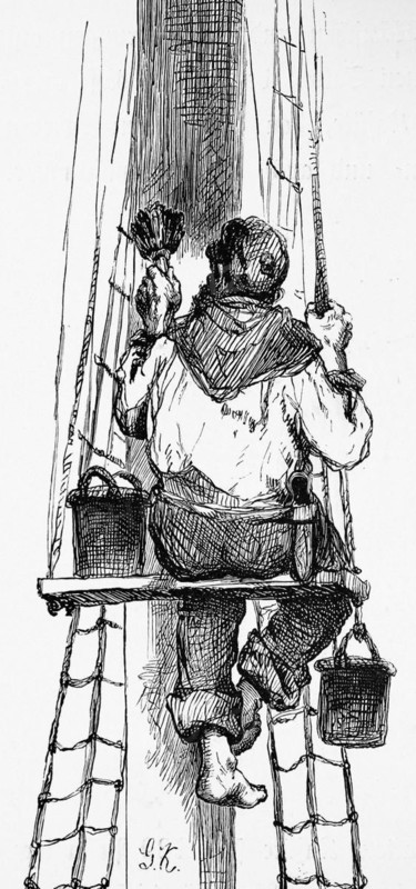 Sailor paints ship mast, sailboat, mast, colour, varnish, paint, bucket, brush, tagelage, sailor, board, height, work, profession, Germany, historical illustration 1880