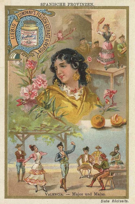 Series of pictures in Spanish provinces, scenes from the Spanish region of Valencia, including traditionally dressed people, majos and majas, dancing, favorite painting, digitally restored reproduction of a collector's painting from around 1900, exact date unknown