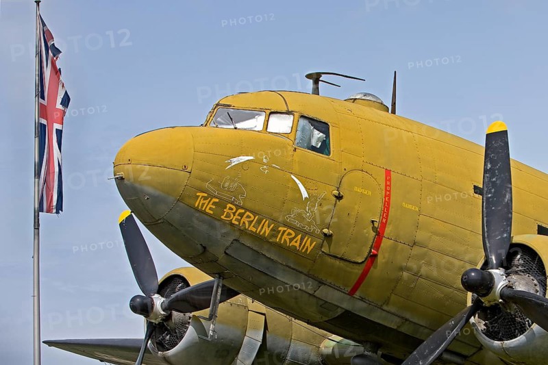 Douglas DC-3 C-47 aeroplane, The Berlin train at the Airlift Memorial, Frankfurt Main Airport, Hesse, Germany