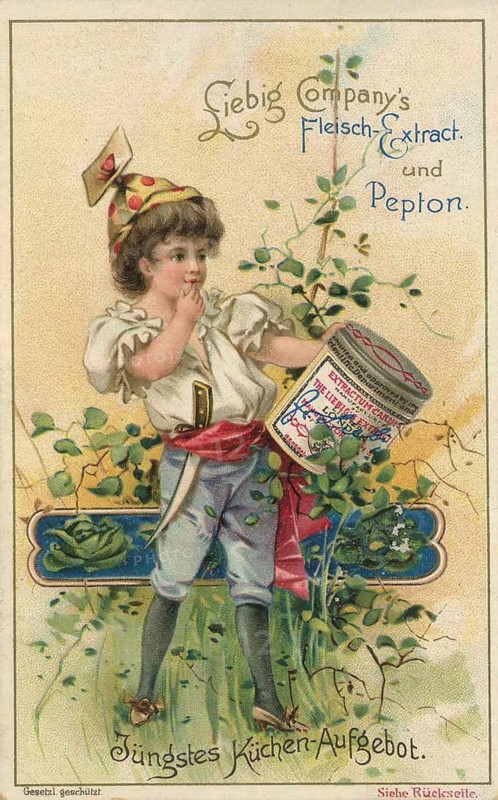 Picture series Recent Kitchen Arrangement, card depicting a child in period clothing holding a can of the famous meat extract, favorite picture, digitally restored reproduction of a collector's painting from around 1900, exact date unknown