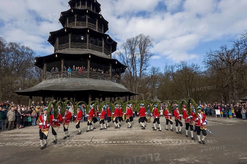 Schaeffler dance in 2026 in the English Garden, behind the Chinese Tower. The event takes place every 7 years between Epiphany and Shrove Tuesday, Munich, Bavaria, Germany